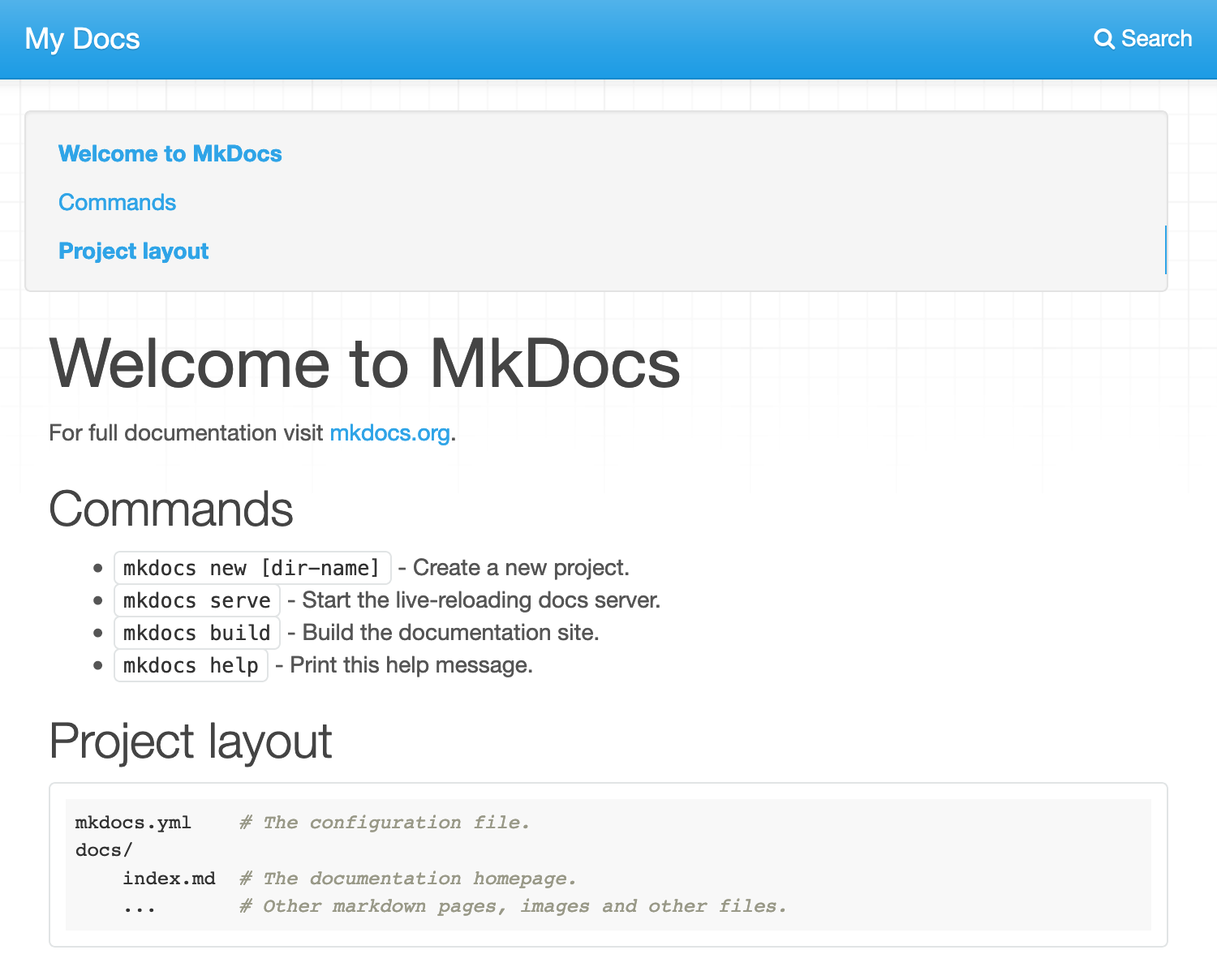 A newly deployed MkDocs site.